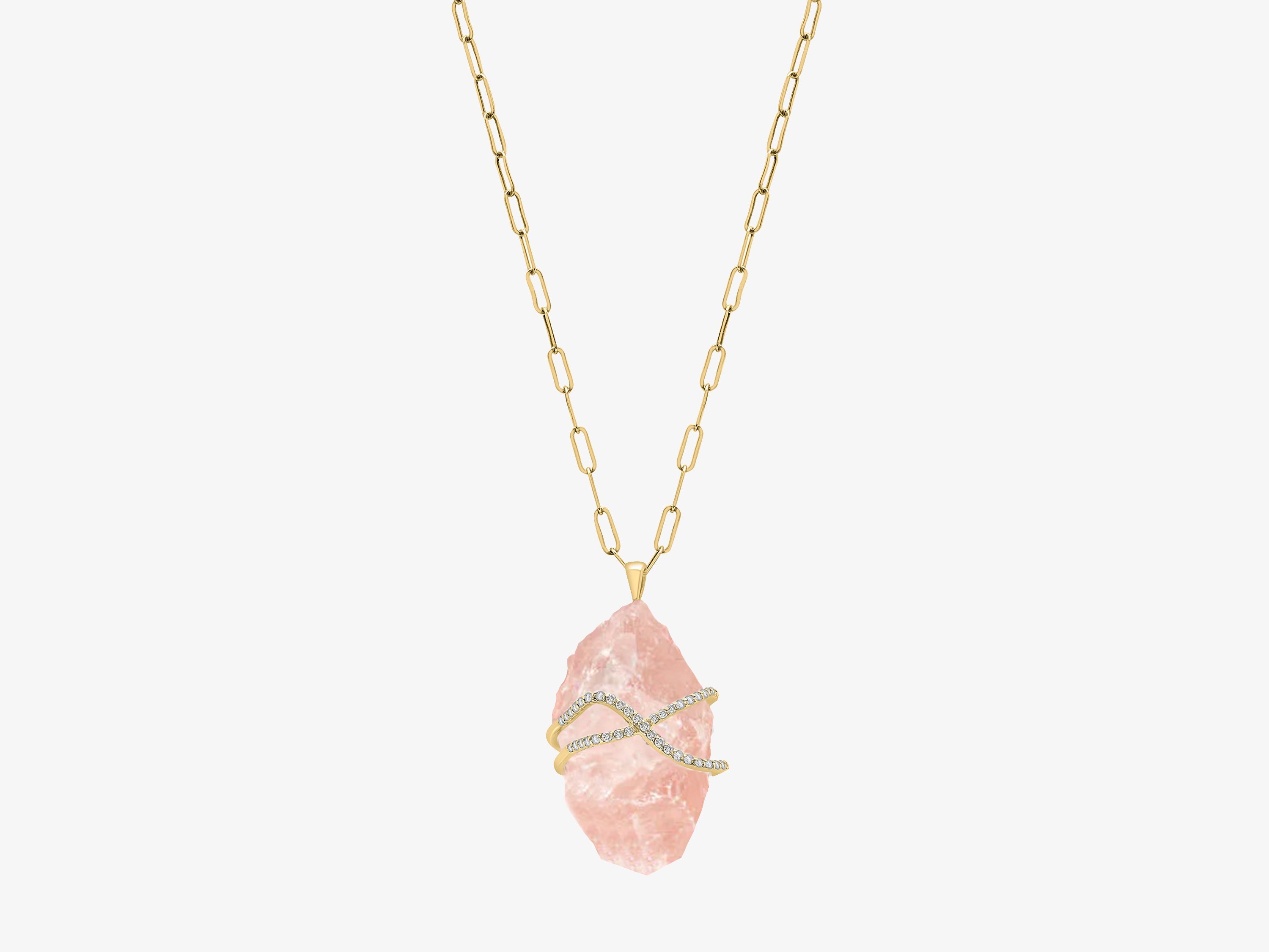 Rock Candy Rose Quartz Gold and Diamond Caged Necklace