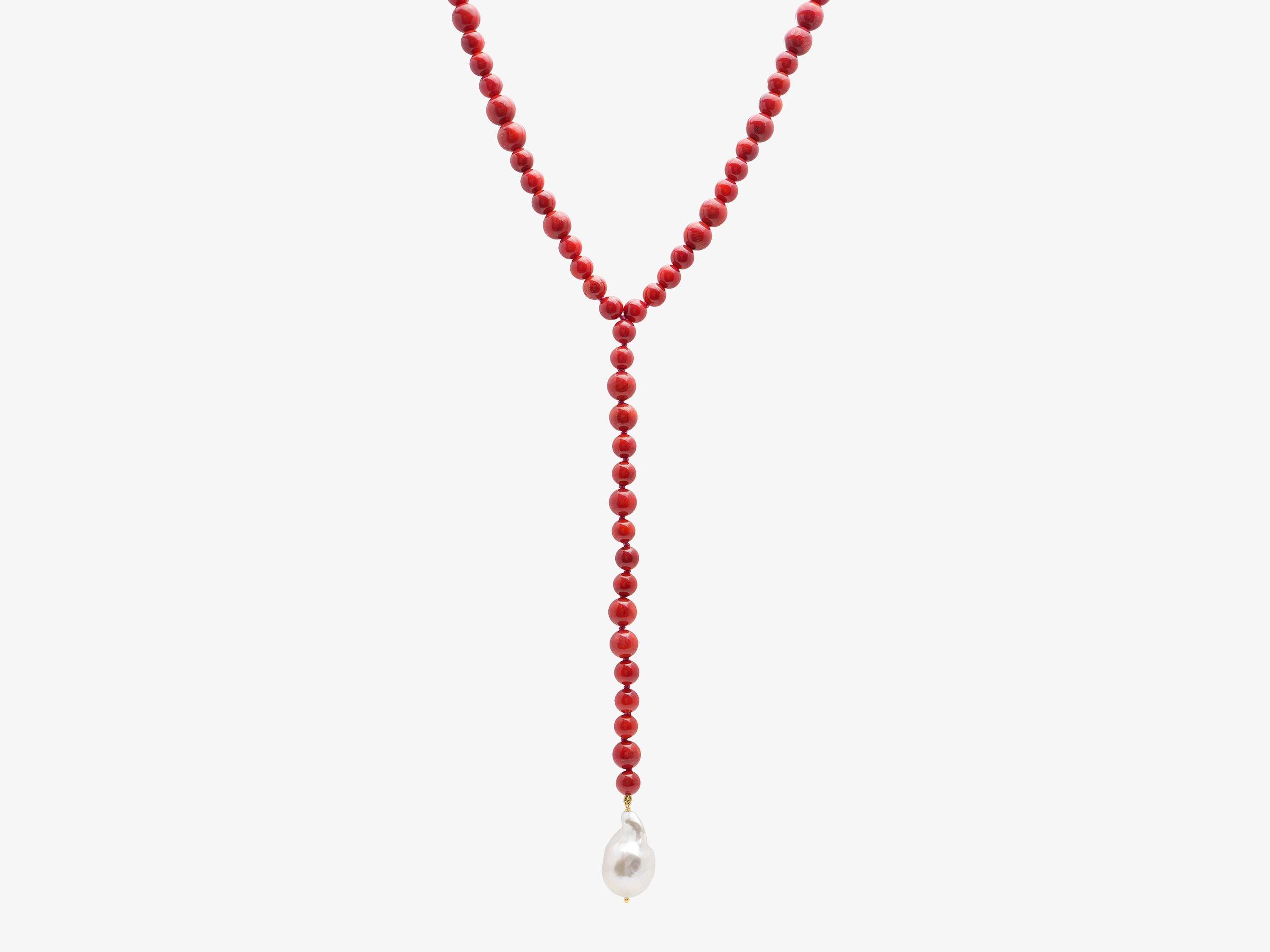 Cap Ferret 14k Gold Dyed Red Sea Bamboo Coral  and Baroque Pearl Y necklace